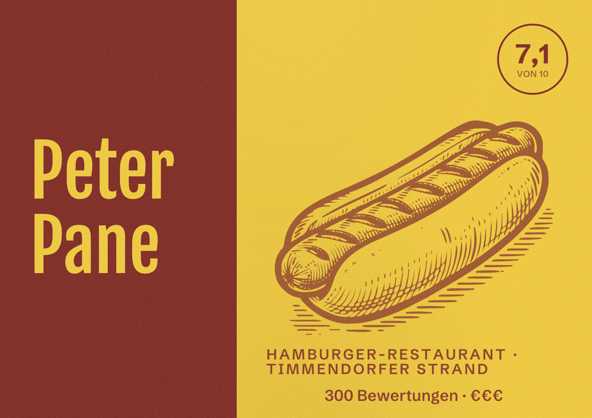 Illustriertes Poster von Peter Pane, Hamburger-Restaurant in Timmendorfer Strand: Bewertung 7,1 von 10 aus 300 Bewertungen, Preisniveau €€€