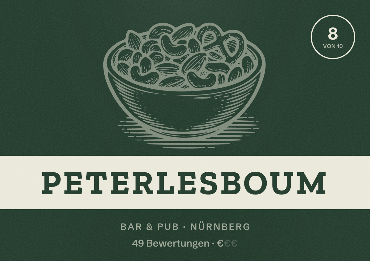 Illustriertes Poster von Peterlesboum, Bar & Pub in Nürnberg: Bewertung 8 von 10 aus 49 Bewertungen, Preisniveau €
