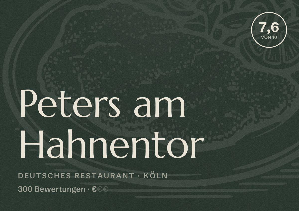 Illustriertes Poster von Peters am Hahnentor, Deutsches Restaurant in Köln: Bewertung 7,6 von 10 aus 300 Bewertungen, Preisniveau €