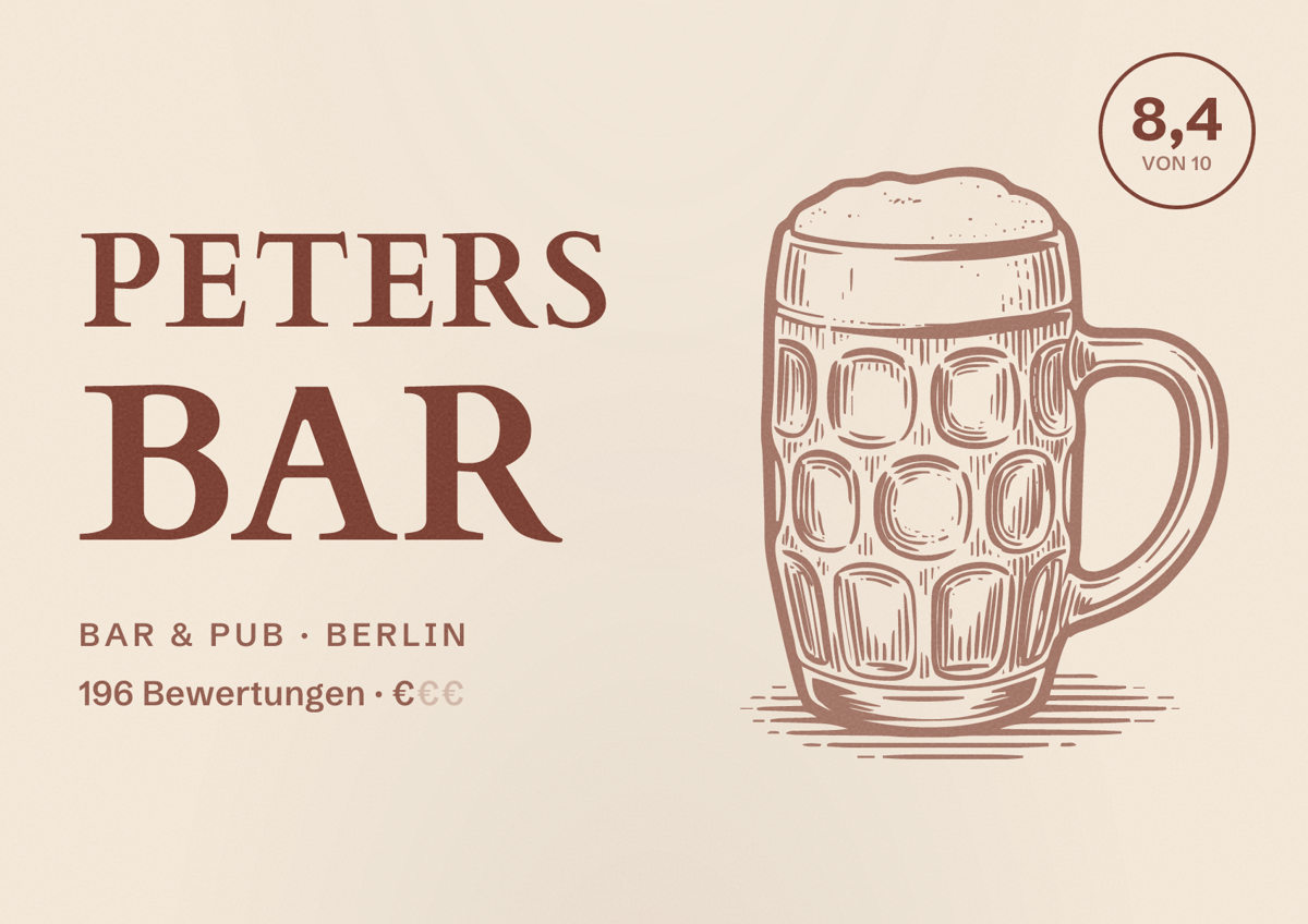 Illustriertes Poster von PETERS Bar, Bar & Pub in Berlin: Bewertung 8,4 von 10 aus 196 Bewertungen, Preisniveau €