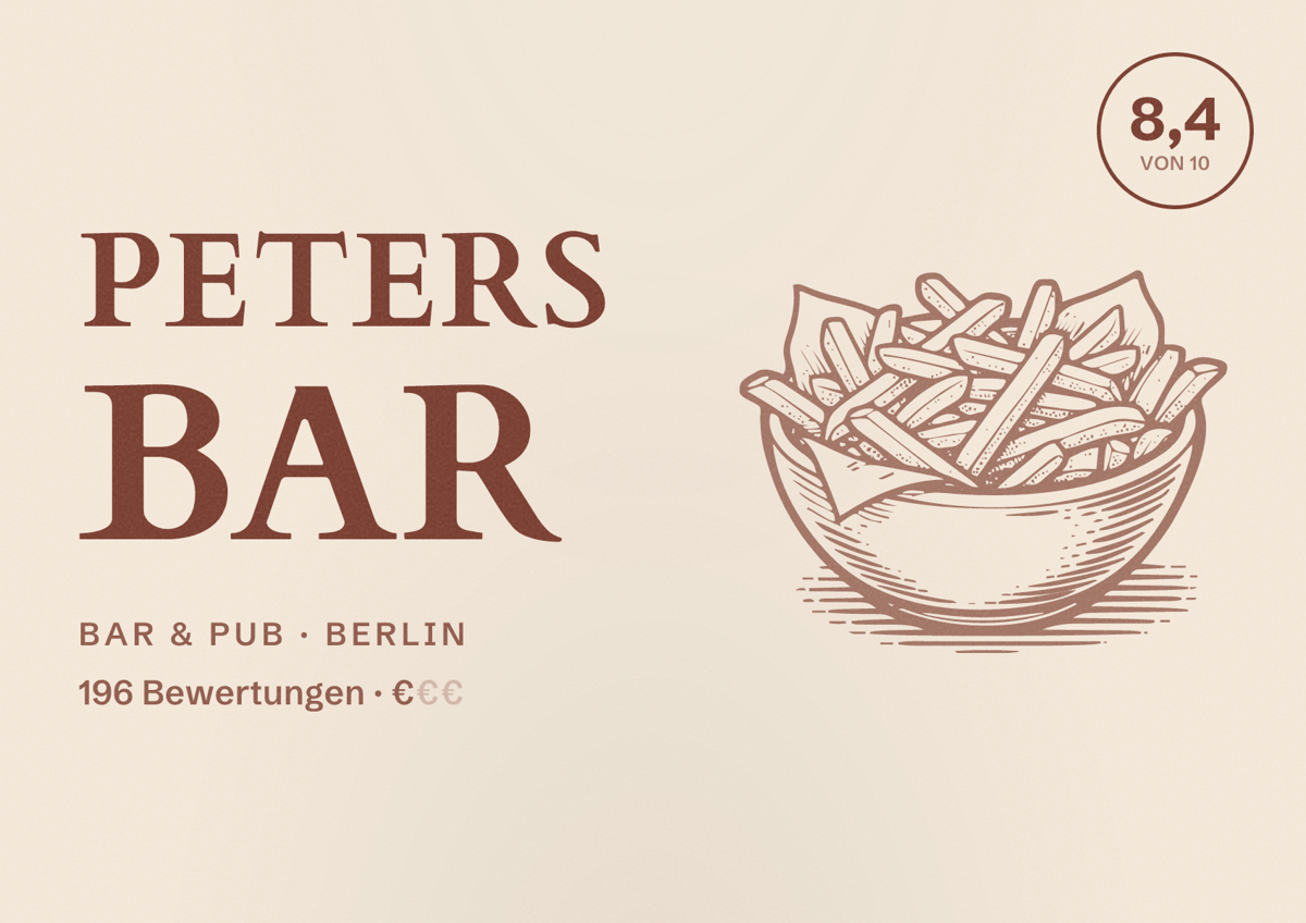 Illustriertes Poster von PETERS Bar, Bar & Pub in Berlin: Bewertung 8,4 von 10 aus 196 Bewertungen, Preisniveau €