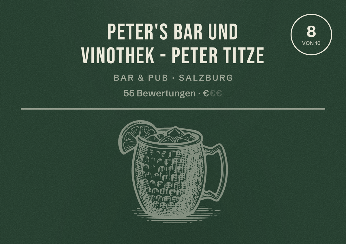 Illustriertes Poster von Peter's Bar und Vinothek - Peter Titze, Bar & Pub in Salzburg: Bewertung 8 von 10 aus 55 Bewertungen, Preisniveau €