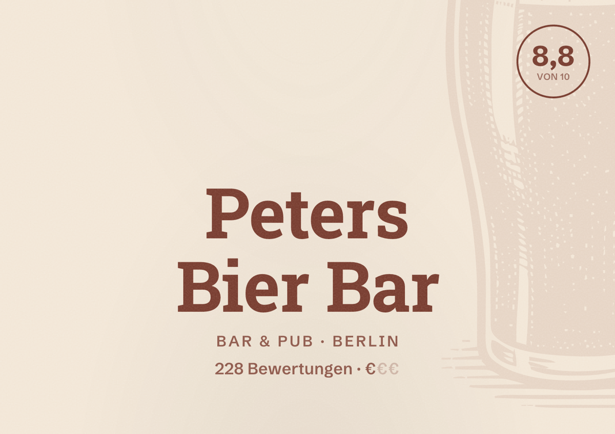 Illustriertes Poster von Peters Bier Bar, Bar & Pub in Berlin: Bewertung 8,8 von 10 aus 228 Bewertungen, Preisniveau €