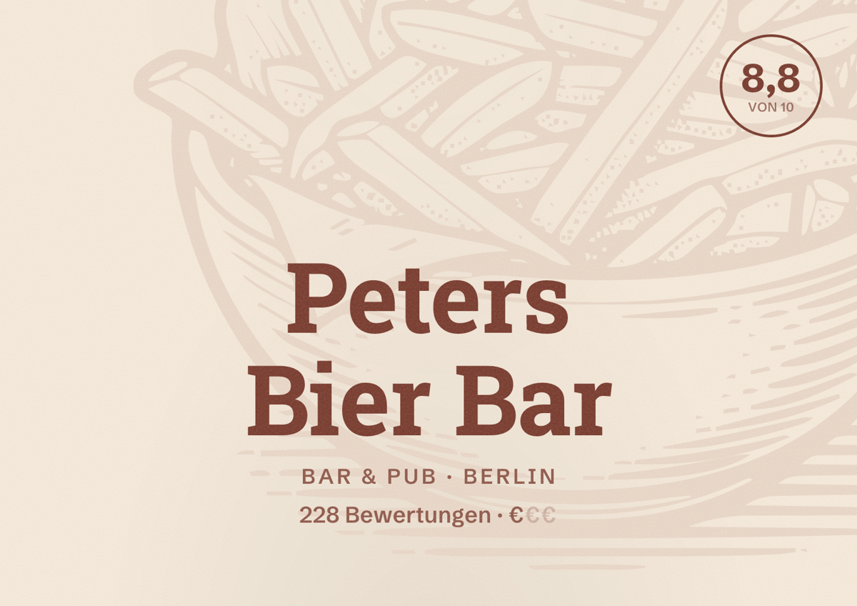 Illustriertes Poster von Peters Bier Bar, Bar & Pub in Berlin: Bewertung 8,8 von 10 aus 228 Bewertungen, Preisniveau €