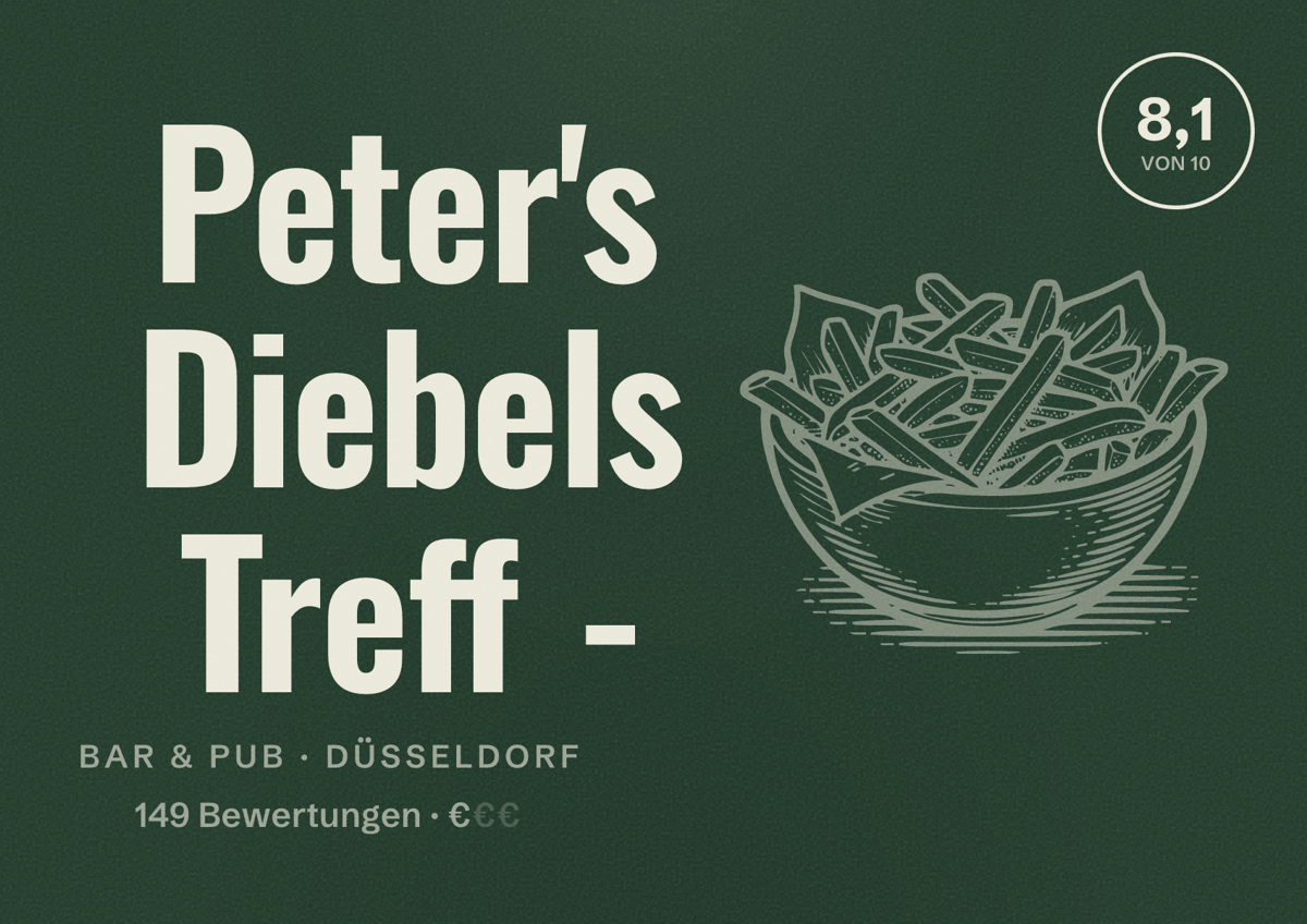 Illustriertes Poster von Peter's Diebels Treff -, Bar & Pub in Düsseldorf: Bewertung 8,1 von 10 aus 149 Bewertungen, Preisniveau €