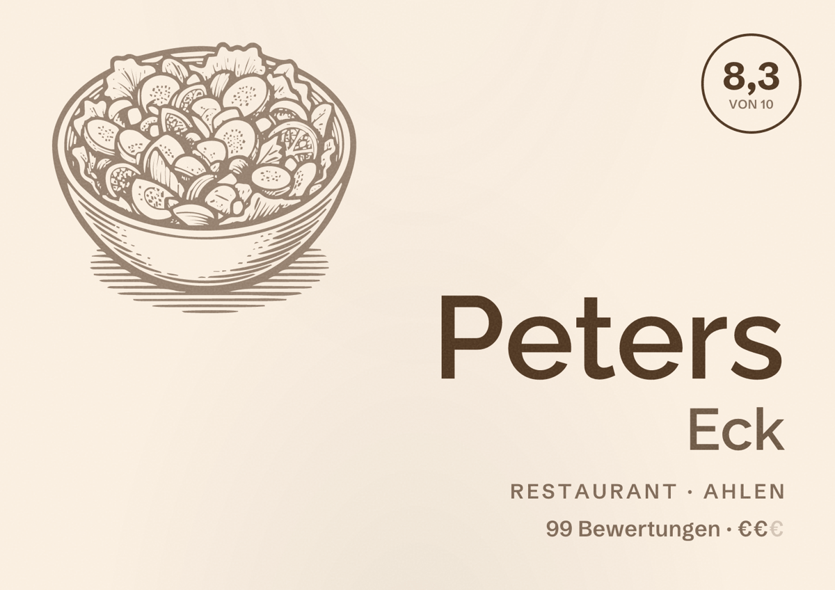 Illustriertes Poster von Peters Eck, Restaurant in Ahlen: Bewertung 8,3 von 10 aus 99 Bewertungen, Preisniveau €€