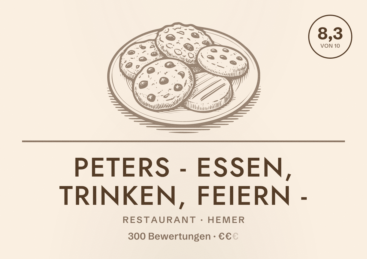 Illustriertes Poster von Peters - essen, trinken, feiern -, Restaurant in Hemer: Bewertung 8,3 von 10 aus 300 Bewertungen, Preisniveau €€