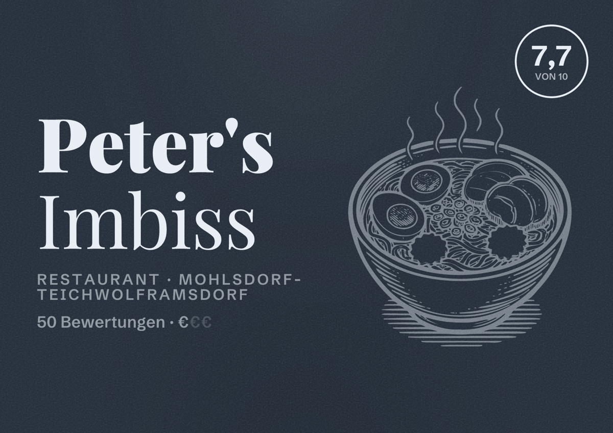 Illustriertes Poster von Peter's Imbiss, Restaurant in Mohlsdorf-Teichwolframsdorf: Bewertung 7,7 von 10 aus 50 Bewertungen, Preisniveau €