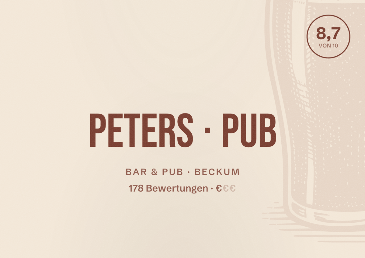 Illustriertes Poster von Peters Pub, Bar & Pub in Beckum: Bewertung 8,7 von 10 aus 178 Bewertungen, Preisniveau €