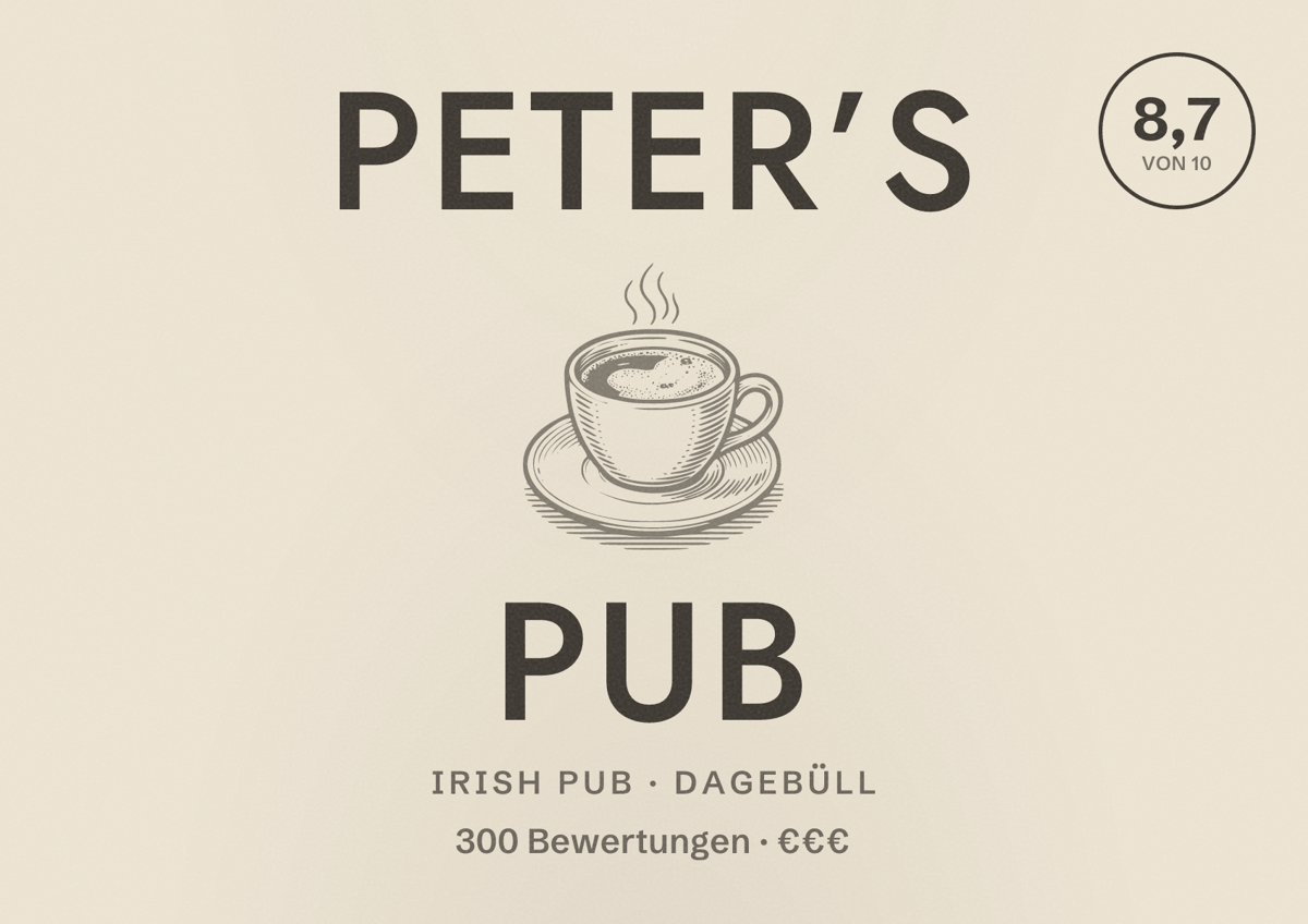 Illustriertes Poster von Peter’s Pub, Irish Pub in Dagebüll: Bewertung 8,7 von 10 aus 300 Bewertungen, Preisniveau €€€
