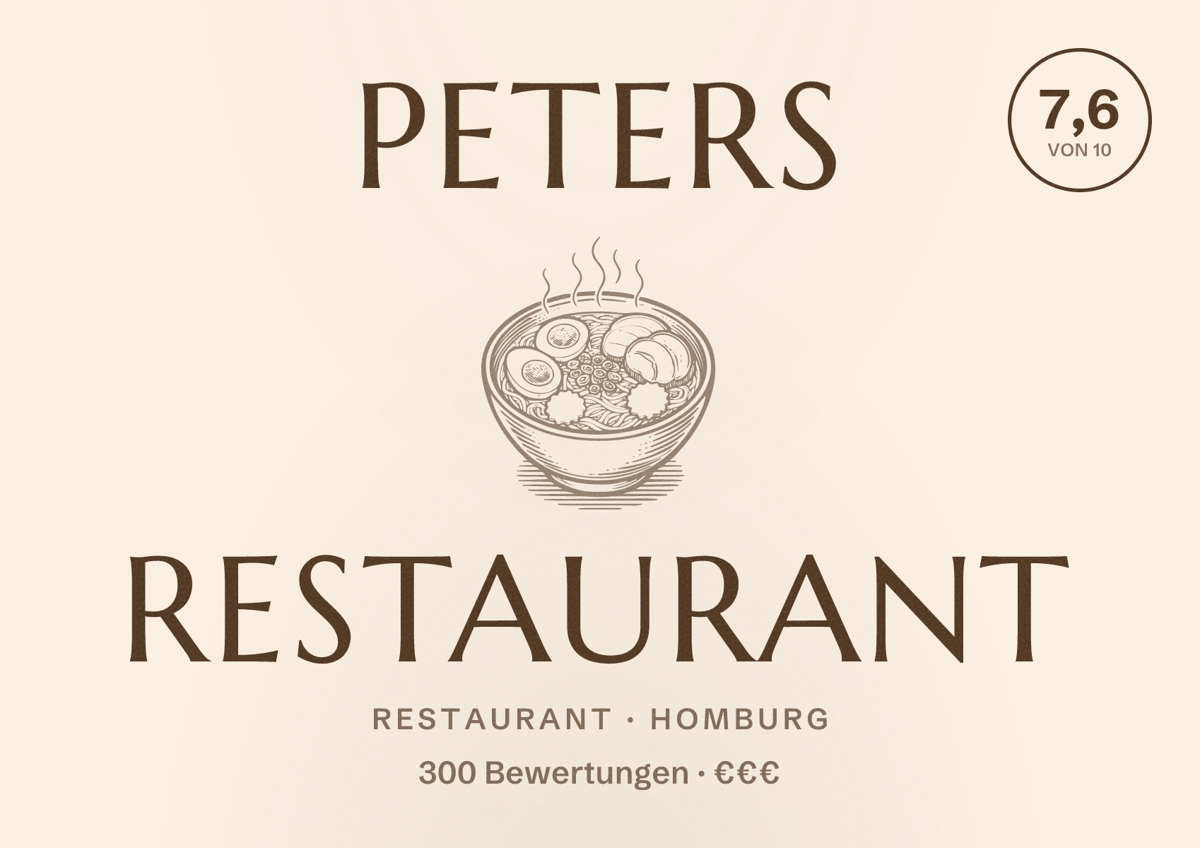 Illustriertes Poster von PETERS Restaurant, Restaurant in Homburg: Bewertung 7,6 von 10 aus 300 Bewertungen, Preisniveau €€€