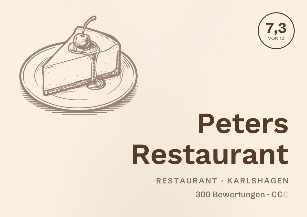 Illustriertes Poster von Peters Restaurant, Restaurant in Karlshagen: Bewertung 7,3 von 10 aus 300 Bewertungen, Preisniveau €€