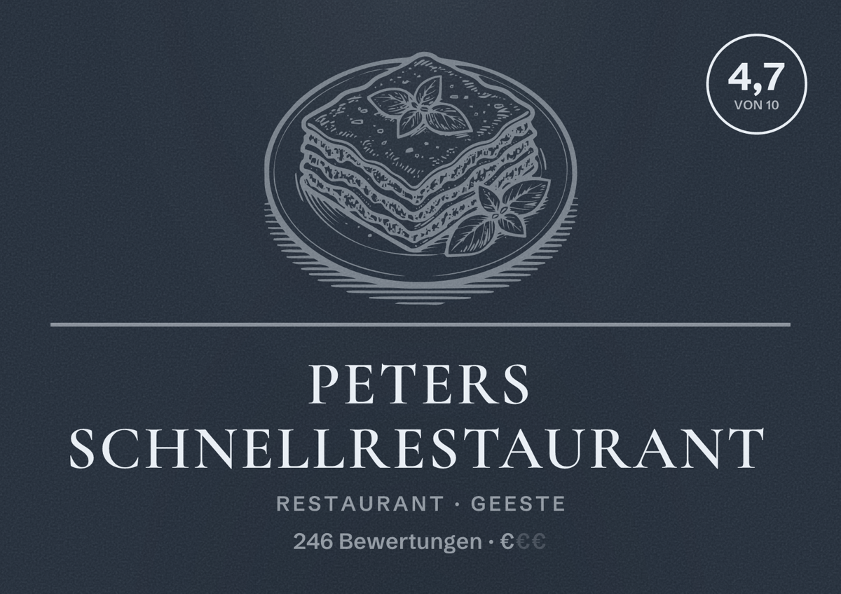 Illustriertes Poster von Peters Schnellrestaurant, Restaurant in Geeste: Bewertung 4,7 von 10 aus 246 Bewertungen, Preisniveau €