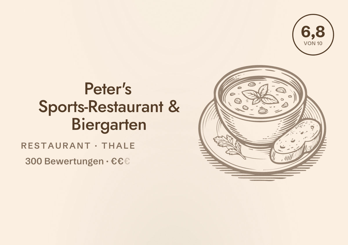 Illustriertes Poster von Peter's Sports-Restaurant & Biergarten, Restaurant in Thale: Bewertung 6,8 von 10 aus 300 Bewertungen, Preisniveau €€