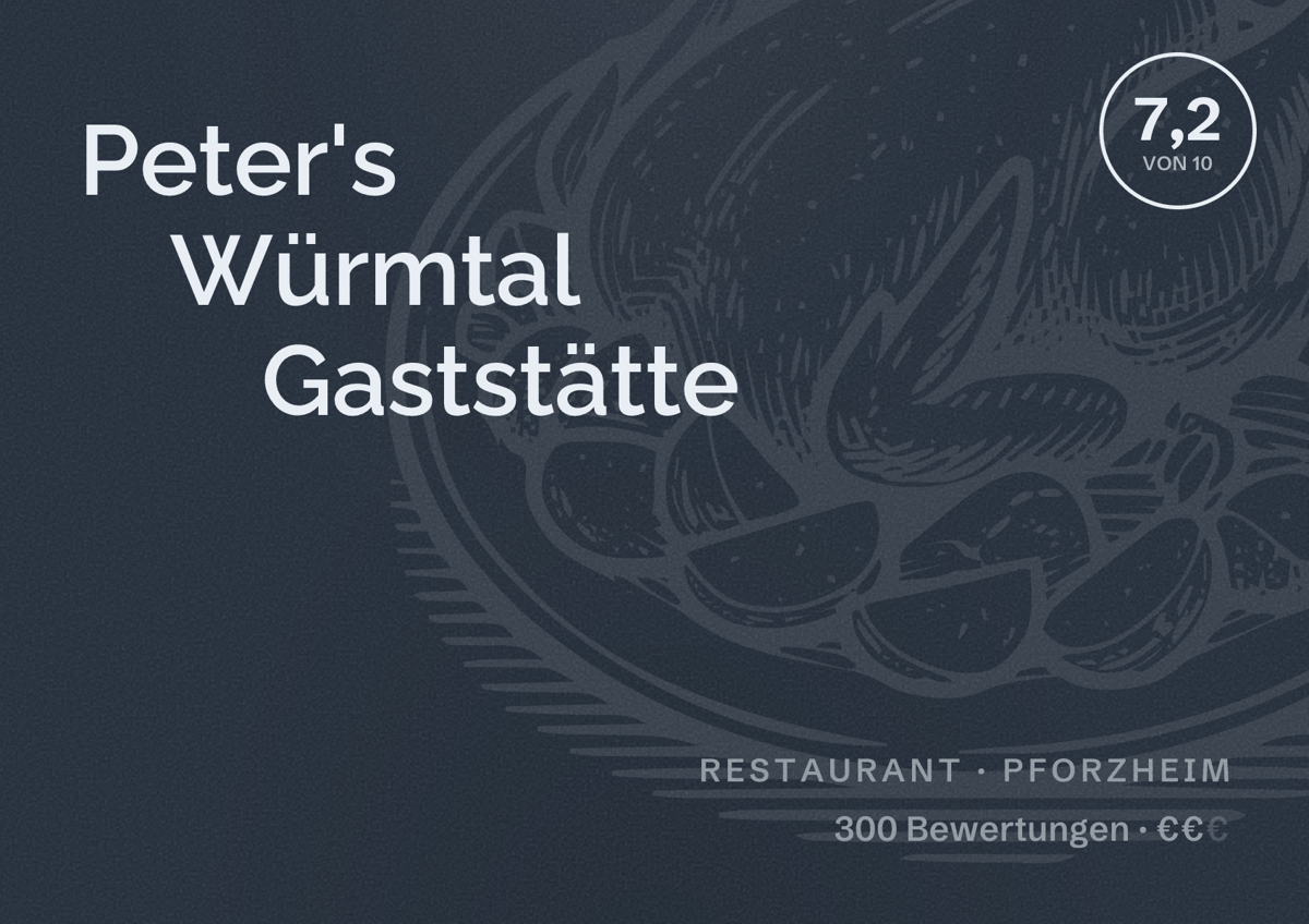 Illustriertes Poster von Peter's Würmtal Gaststätte, Restaurant in Pforzheim: Bewertung 7,2 von 10 aus 300 Bewertungen, Preisniveau €€