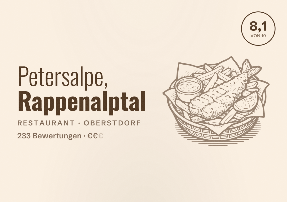 Illustriertes Poster von Petersalpe, Rappenalptal, Restaurant in Oberstdorf: Bewertung 8,1 von 10 aus 233 Bewertungen, Preisniveau €€