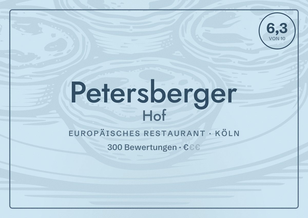 Illustriertes Poster von Petersberger Hof, Europäisches Restaurant in Köln: Bewertung 6,3 von 10 aus 300 Bewertungen, Preisniveau €