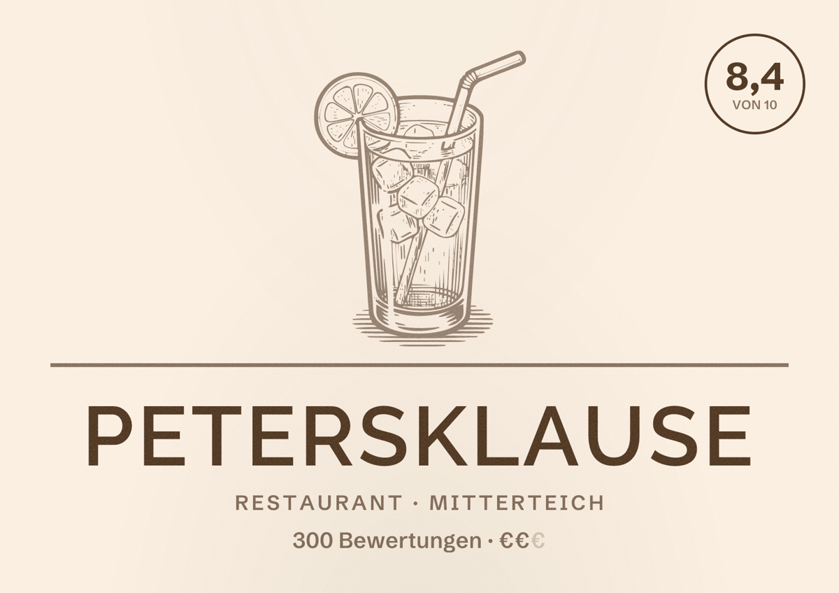 Illustriertes Poster von Petersklause, Restaurant in Mitterteich: Bewertung 8,4 von 10 aus 300 Bewertungen, Preisniveau €€