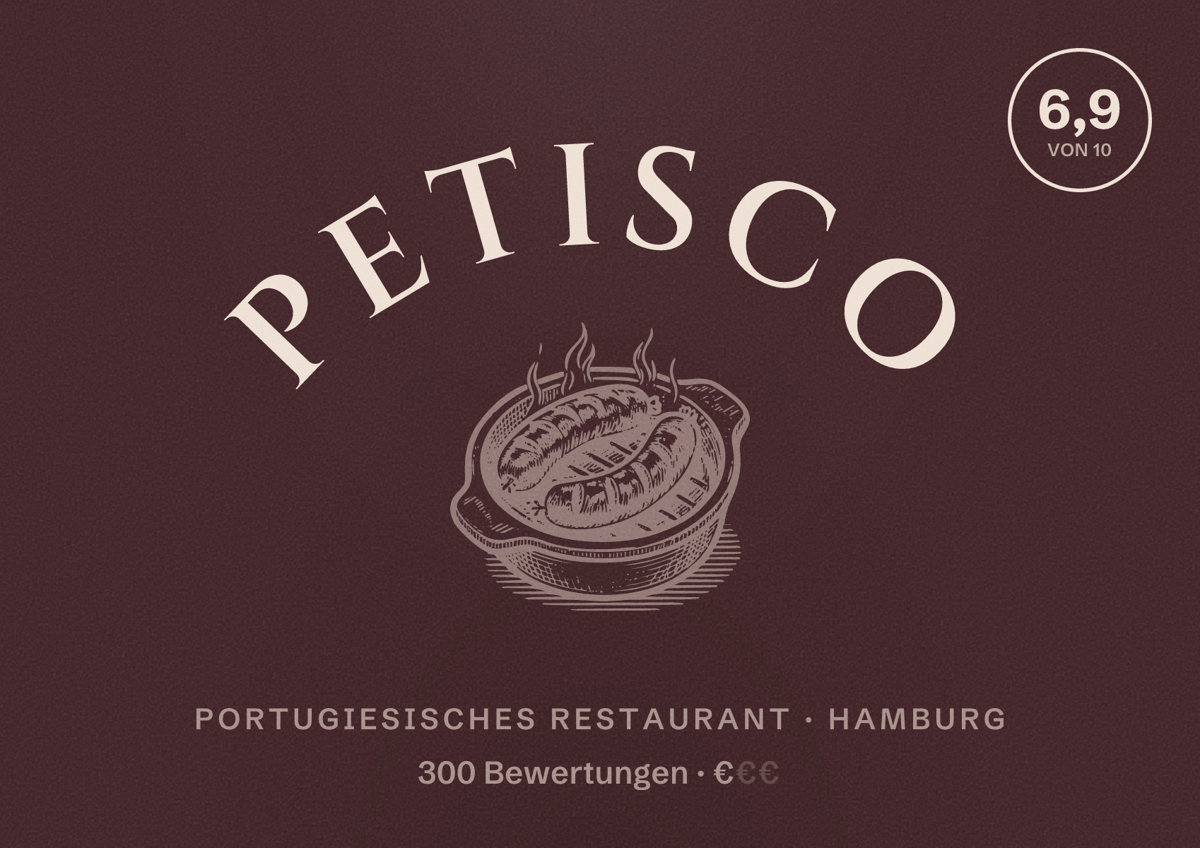 Illustriertes Poster von Petisco, Portugiesisches Restaurant in Hamburg: Bewertung 6,9 von 10 aus 300 Bewertungen, Preisniveau €