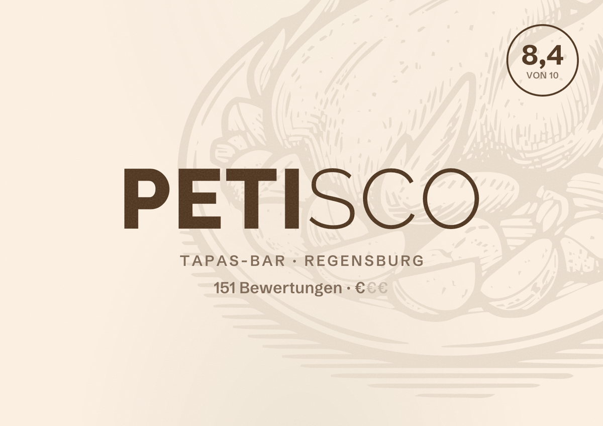 Illustriertes Poster von Petisco, Tapas-Bar in Regensburg: Bewertung 8,4 von 10 aus 151 Bewertungen, Preisniveau €