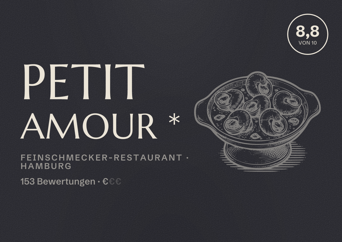 Illustriertes Poster von Petit Amour *, Feinschmecker-Restaurant in Hamburg: Bewertung 8,8 von 10 aus 153 Bewertungen, Preisniveau €