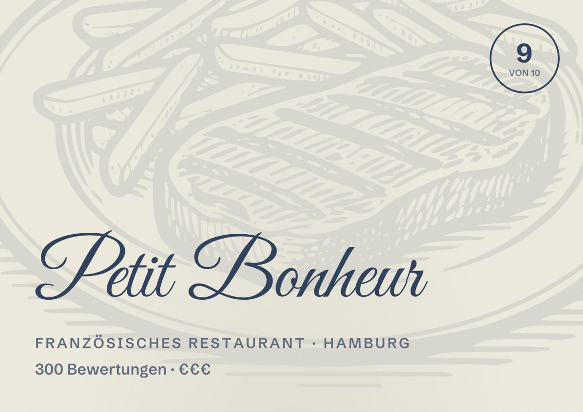 Illustriertes Poster von Petit Bonheur, Französisches Restaurant in Hamburg: Bewertung 9,0 von 10 aus 300 Bewertungen, Preisniveau €€€