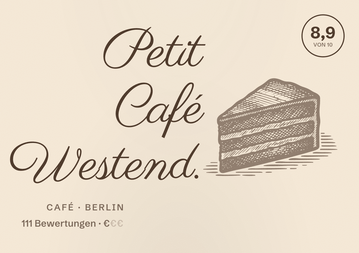 Illustriertes Poster von Petit Café Westend., Café in Berlin: Bewertung 8,9 von 10 aus 111 Bewertungen, Preisniveau €