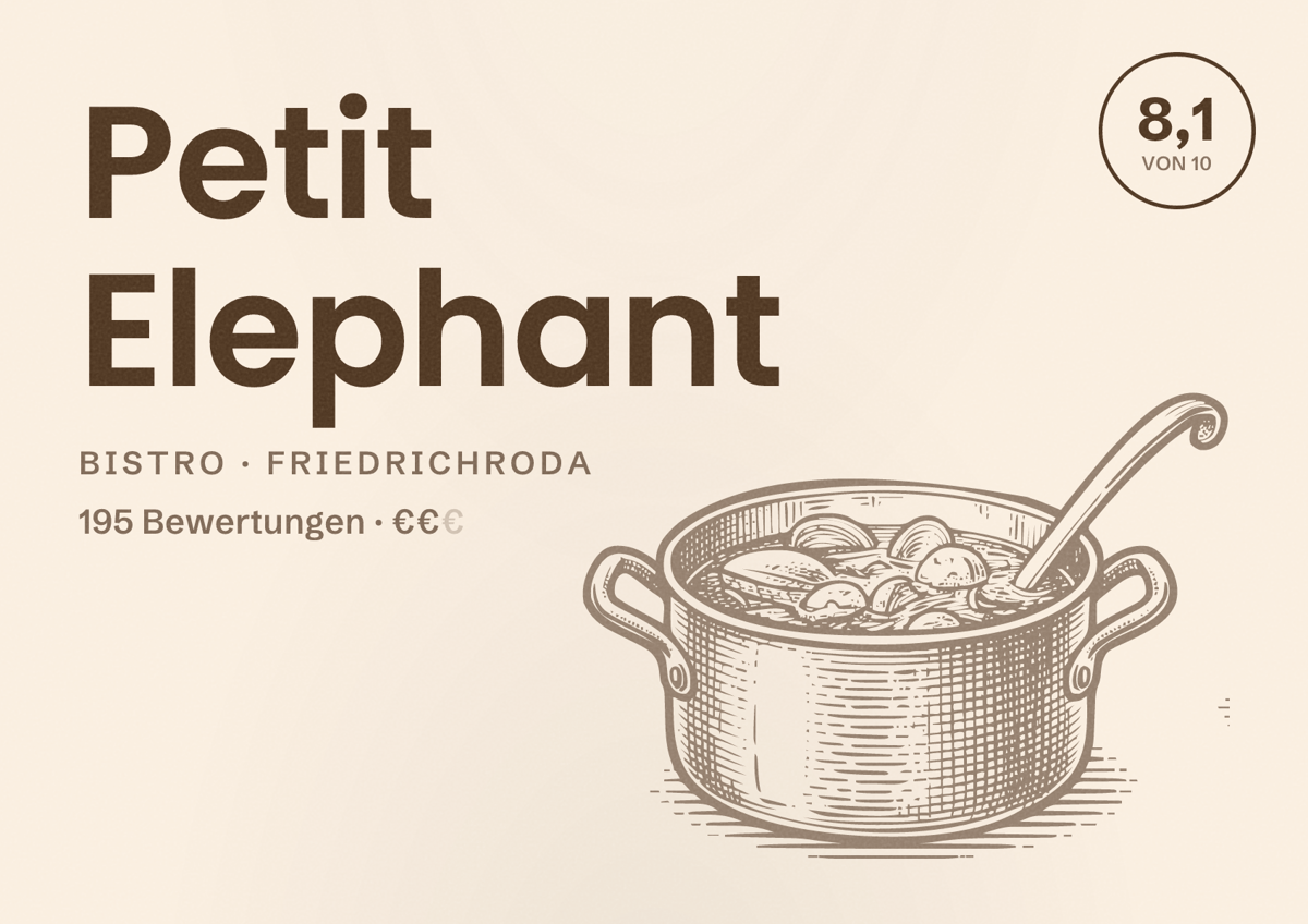 Illustriertes Poster von Petit Elephant, Bistro in Friedrichroda: Bewertung 8,1 von 10 aus 195 Bewertungen, Preisniveau €€