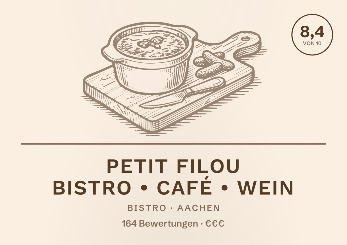 Illustriertes Poster von Petit Filou Bistro • Café • Wein, Bistro in Aachen: Bewertung 8,4 von 10 aus 164 Bewertungen, Preisniveau €€€