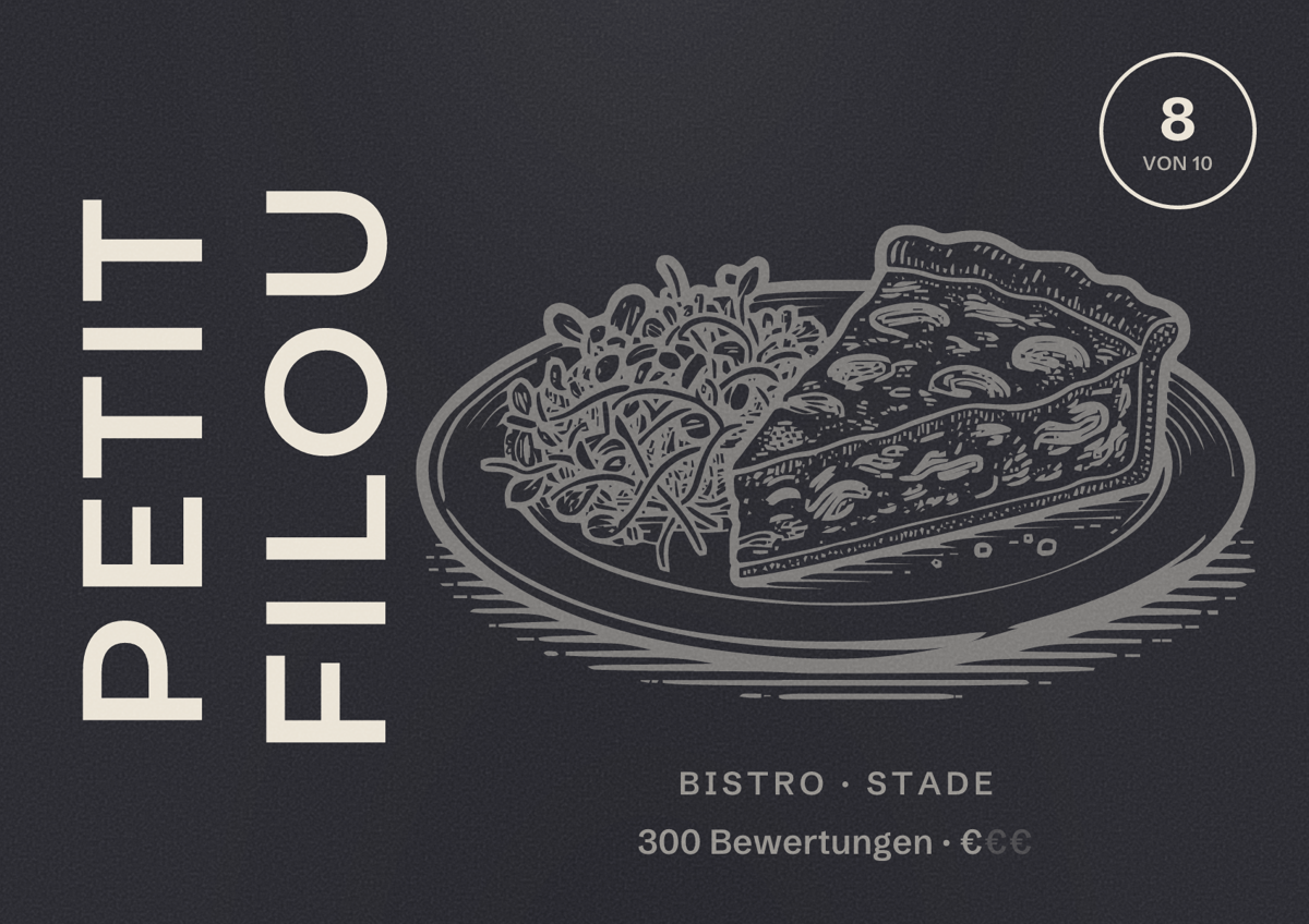 Illustriertes Poster von Petit Filou, Bistro in Stade: Bewertung 8 von 10 aus 300 Bewertungen, Preisniveau €