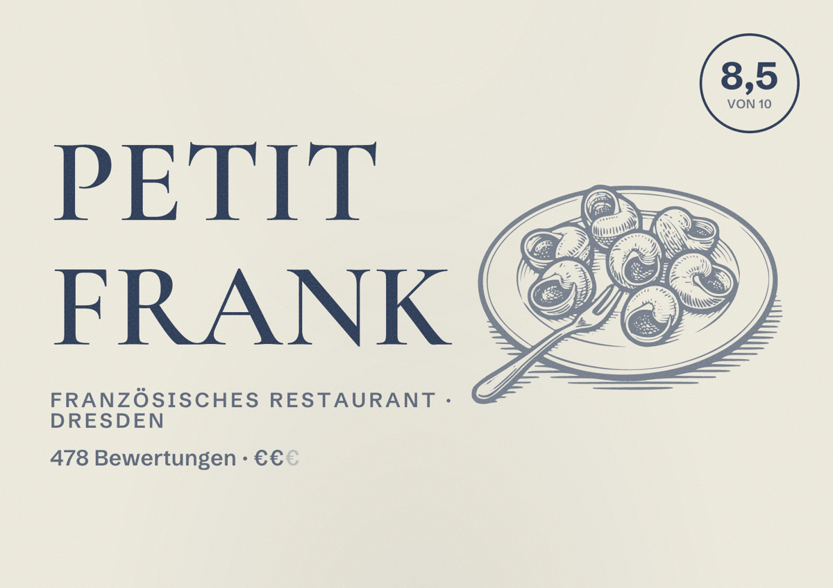 Illustriertes Poster von Petit Frank, Französisches Restaurant in Dresden: Bewertung 8,5 von 10 aus 478 Bewertungen, Preisniveau €€