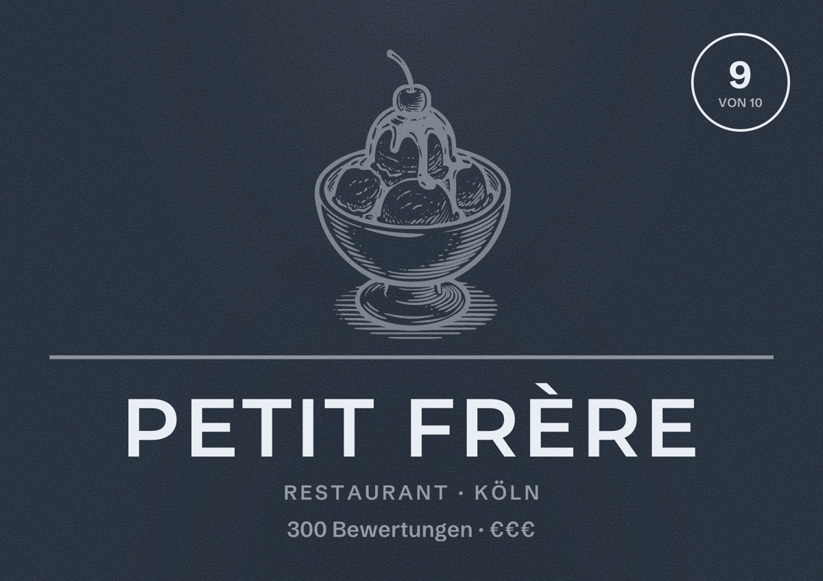 Illustriertes Poster von Petit Frère, Restaurant in Köln: Bewertung 9,0 von 10 aus 300 Bewertungen, Preisniveau €€€