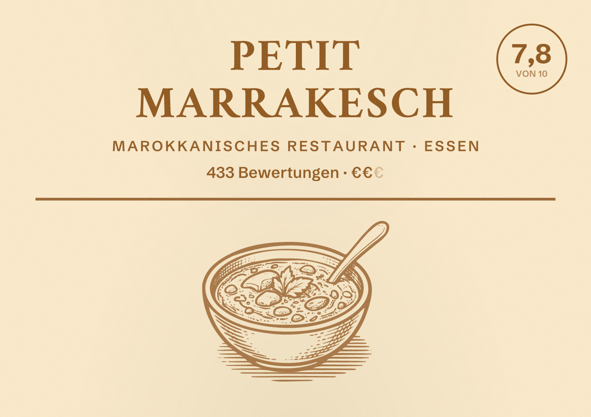 Illustriertes Poster von Petit Marrakesch, Marokkanisches Restaurant in Essen: Bewertung 7,8 von 10 aus 433 Bewertungen, Preisniveau €€