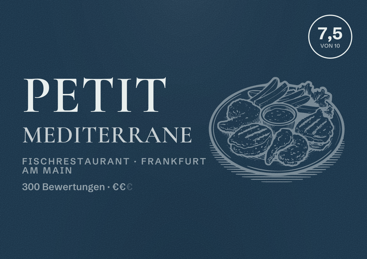 Illustriertes Poster von Petit Mediterrane, Fischrestaurant in Frankfurt am Main: Bewertung 7,5 von 10 aus 300 Bewertungen, Preisniveau €€