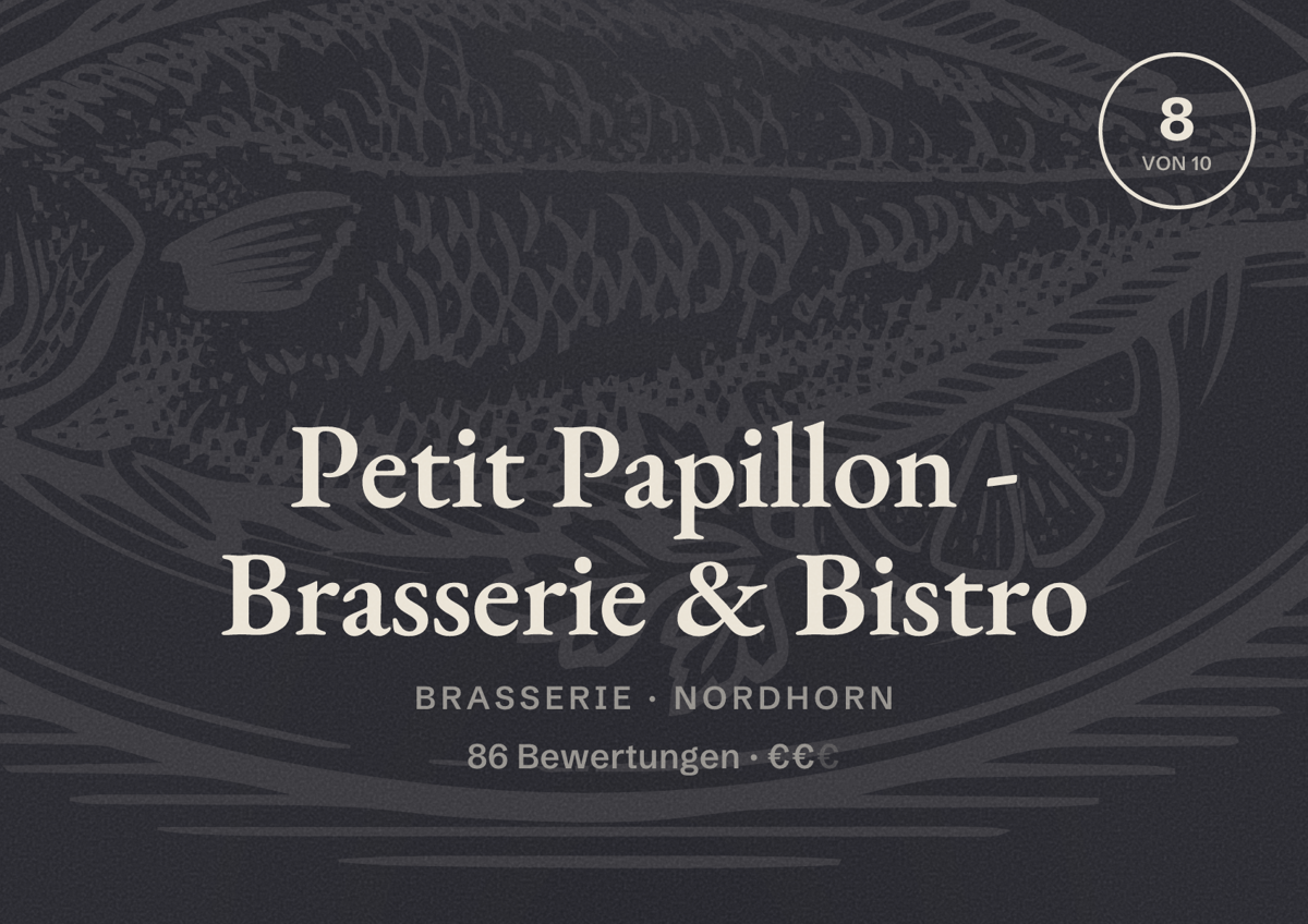 Illustriertes Poster von Petit Papillon - Brasserie & Bistro, Brasserie in Nordhorn: Bewertung 8 von 10 aus 86 Bewertungen, Preisniveau €€