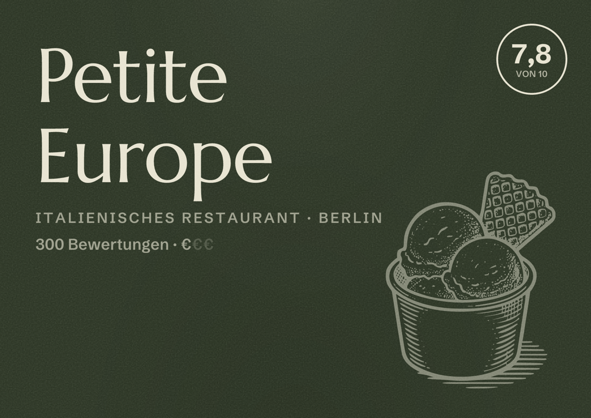Illustriertes Poster von Petite Europe, Italienisches Restaurant in Berlin: Bewertung 7,8 von 10 aus 300 Bewertungen, Preisniveau €