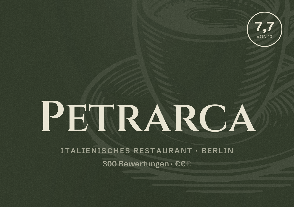 Illustriertes Poster von Petrarca, Italienisches Restaurant in Berlin: Bewertung 7,7 von 10 aus 300 Bewertungen, Preisniveau €€