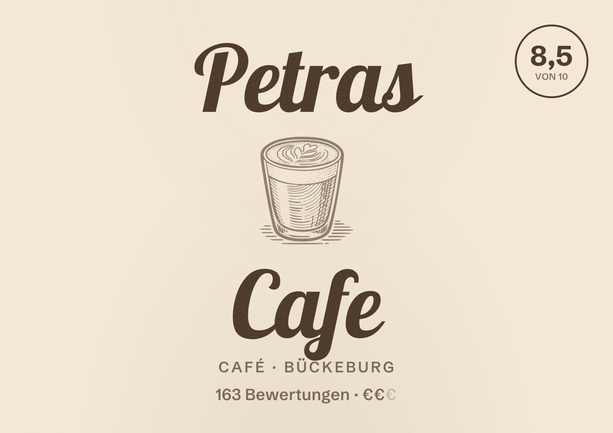 Illustriertes Poster von Petras Cafe, Café in Bückeburg: Bewertung 8,5 von 10 aus 163 Bewertungen, Preisniveau €€