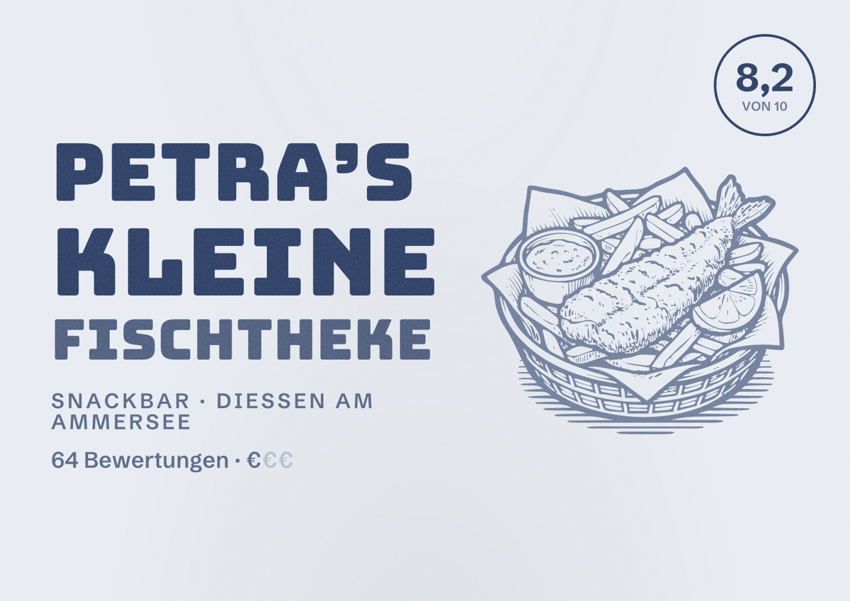 Illustriertes Poster von Petra’s kleine Fischtheke, Snackbar in Dießen am Ammersee: Bewertung 8,2 von 10 aus 64 Bewertungen, Preisniveau €