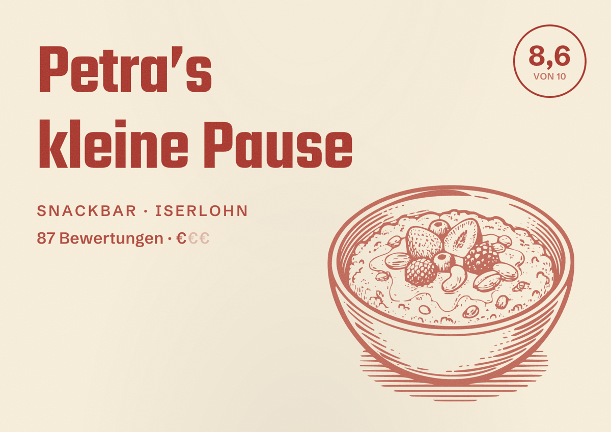 Illustriertes Poster von Petra’s kleine Pause, Snackbar in Iserlohn: Bewertung 8,6 von 10 aus 87 Bewertungen, Preisniveau €