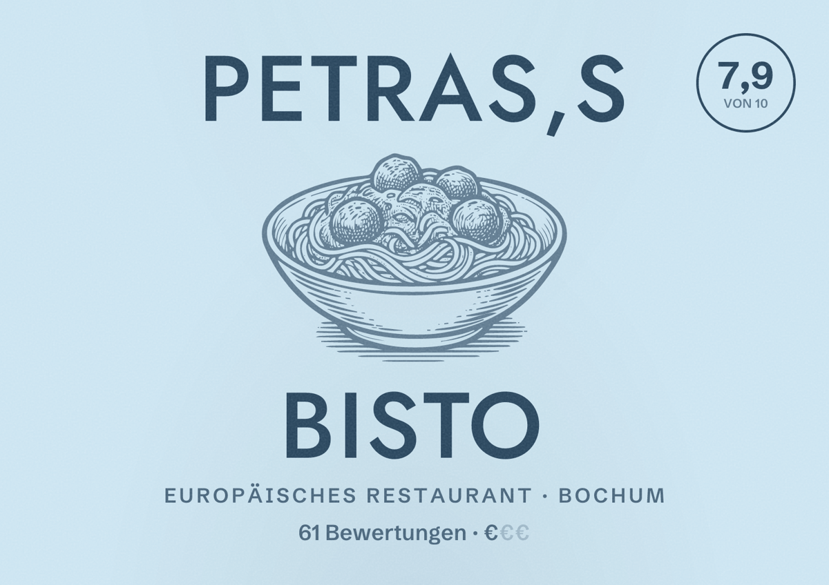 Illustriertes Poster von Petras,s Bisto, Europäisches Restaurant in Bochum: Bewertung 7,9 von 10 aus 61 Bewertungen, Preisniveau €
