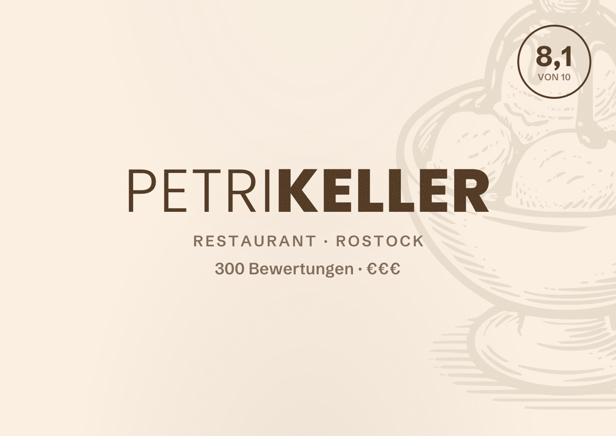 Illustriertes Poster von Petrikeller, Restaurant in Rostock: Bewertung 8,1 von 10 aus 300 Bewertungen, Preisniveau €€€