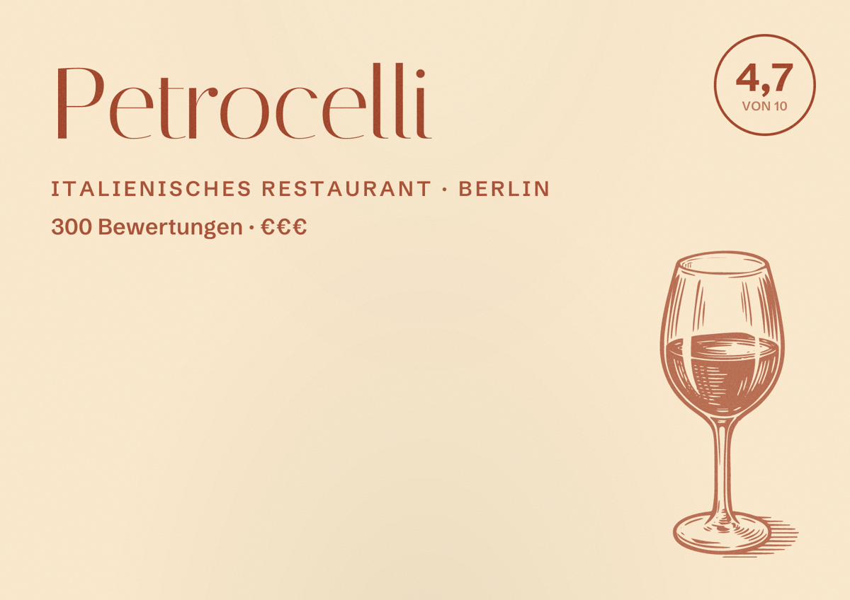 Illustriertes Poster von Petrocelli, Italienisches Restaurant in Berlin: Bewertung 4,7 von 10 aus 300 Bewertungen, Preisniveau €€€