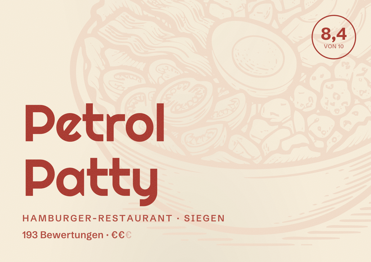 Illustriertes Poster von Petrol Patty, Hamburger-Restaurant in Siegen: Bewertung 8,4 von 10 aus 193 Bewertungen, Preisniveau €€