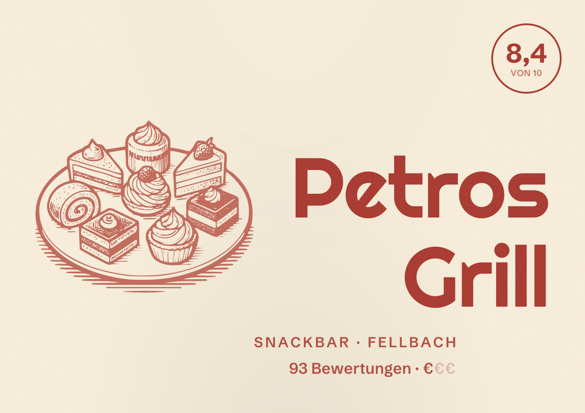 Illustriertes Poster von Petros Grill, Snackbar in Fellbach: Bewertung 8,4 von 10 aus 93 Bewertungen, Preisniveau €