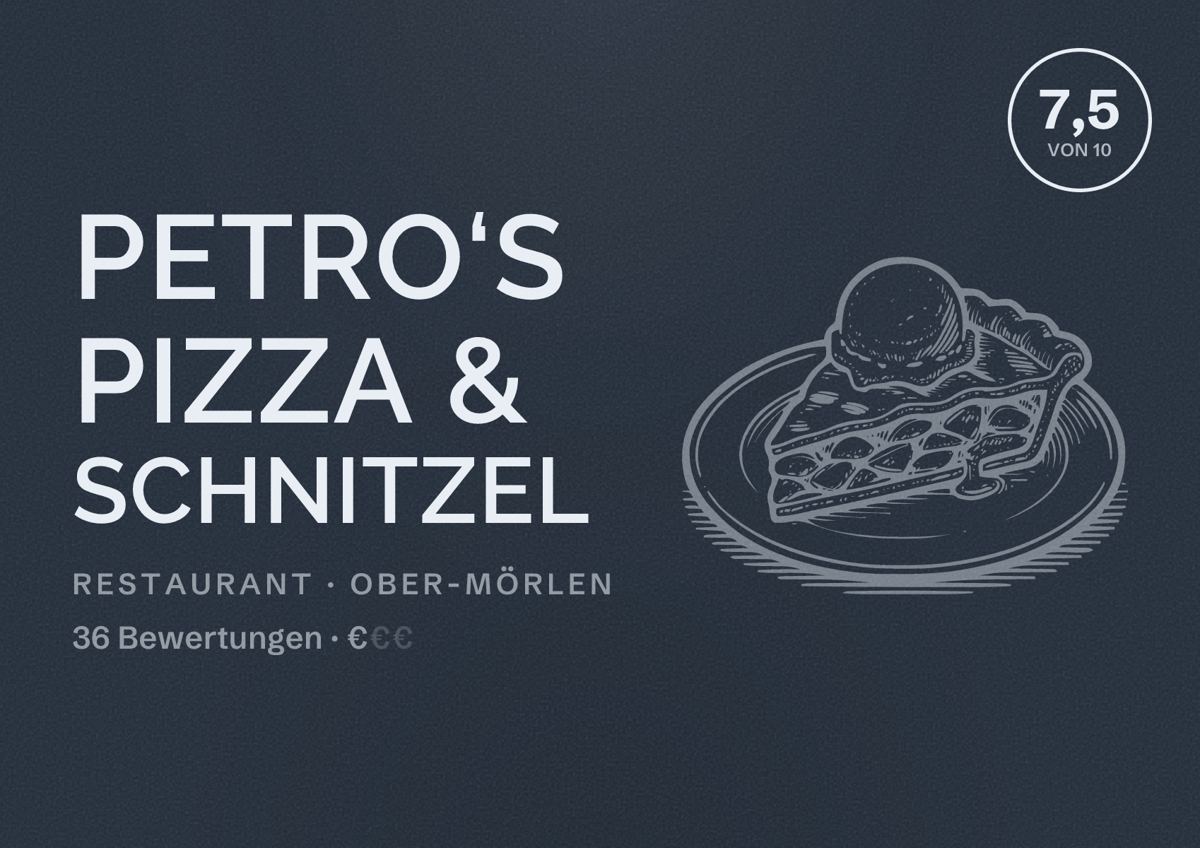 Illustriertes Poster von Petro‘s Pizza & Schnitzel, Restaurant in Ober-Mörlen: Bewertung 7,5 von 10 aus 36 Bewertungen, Preisniveau €