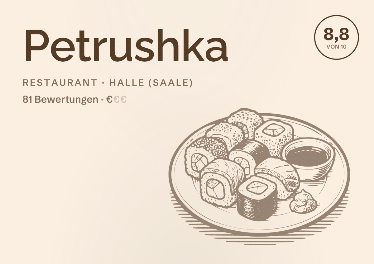 Illustriertes Poster von Petrushka, Restaurant in Halle (Saale): Bewertung 8,8 von 10 aus 81 Bewertungen, Preisniveau €