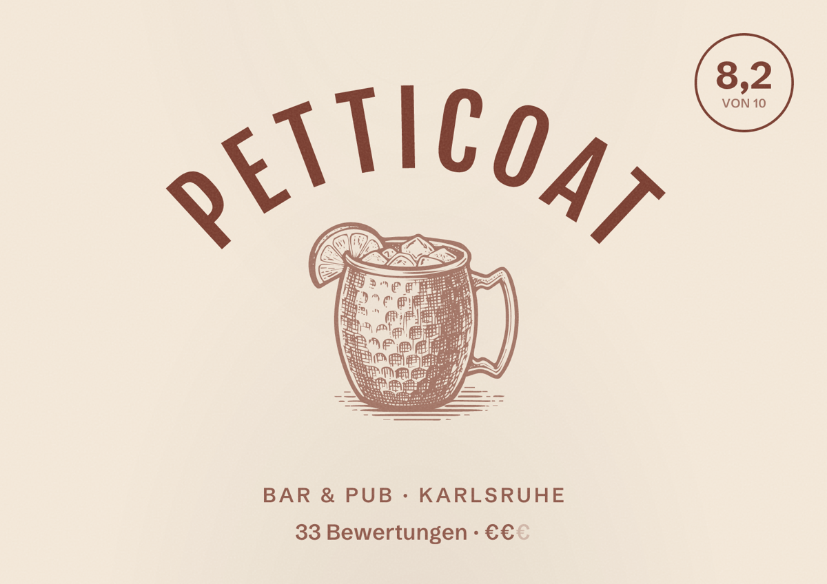 Illustriertes Poster von Petticoat, Bar & Pub in Karlsruhe: Bewertung 8,2 von 10 aus 33 Bewertungen, Preisniveau €€