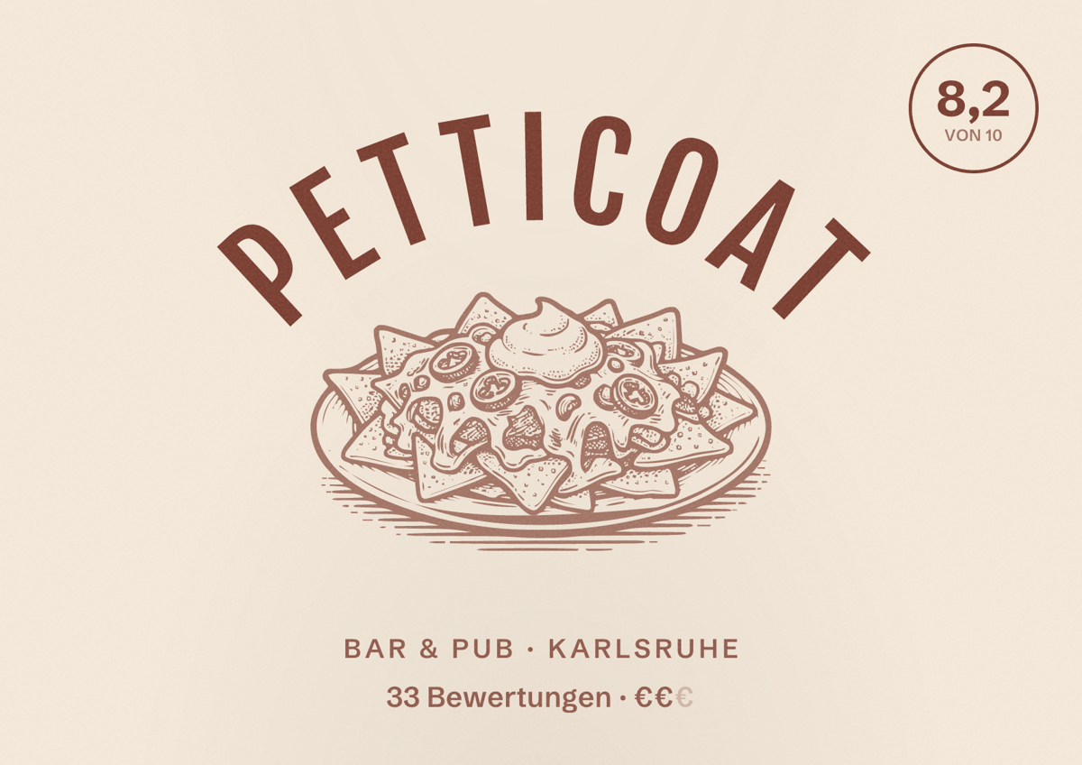 Illustriertes Poster von Petticoat, Bar & Pub in Karlsruhe: Bewertung 8,2 von 10 aus 33 Bewertungen, Preisniveau €€