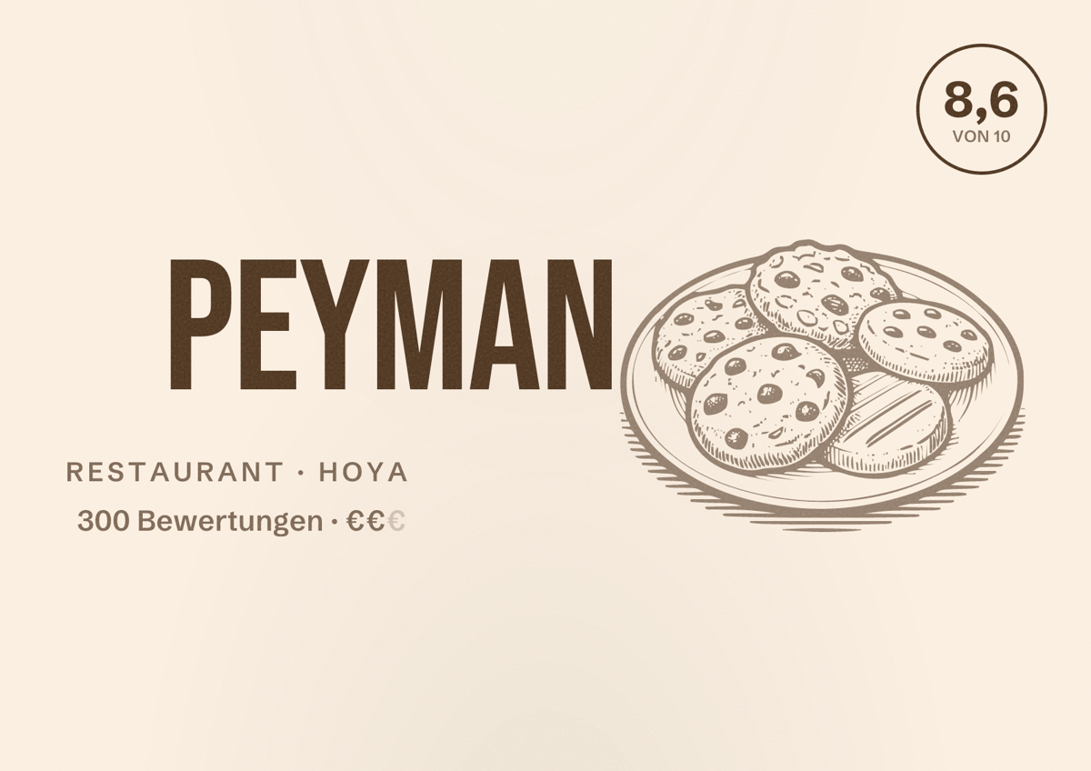 Illustriertes Poster von Peyman, Restaurant in Hoya: Bewertung 8,6 von 10 aus 300 Bewertungen, Preisniveau €€
